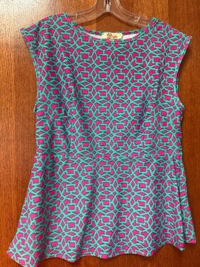 Aryeh Pink & Aqua Geometric Peplum Top